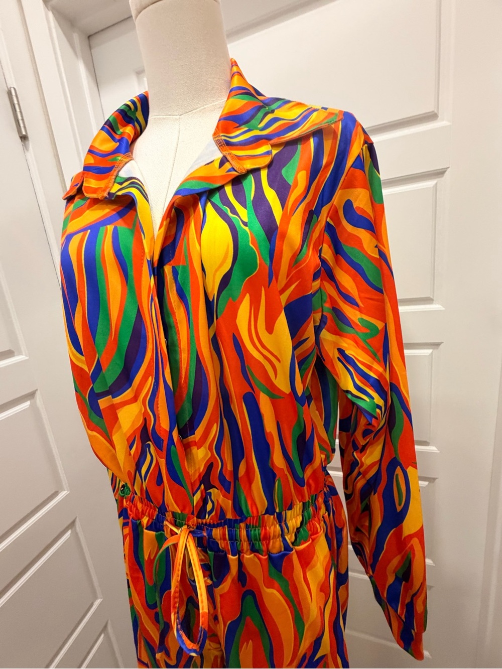 SOLD!!!! Vibrant Multi-Color Drawstring Waist Long-Sleeve Romper - Picture 3 of 7